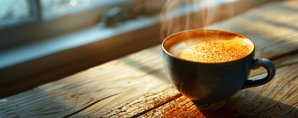 A steaming cup of coffee with a frothy layer of milk, its aroma filling the air.