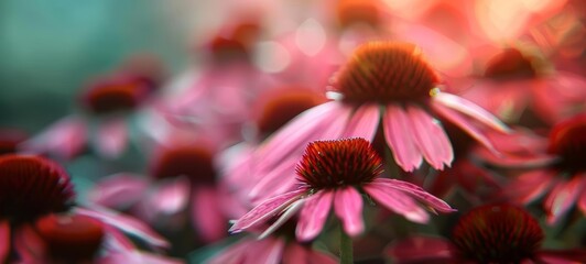 Side view of echinacea flowers, natural lighting highlighting their use in boosting the immune system and fighting colds