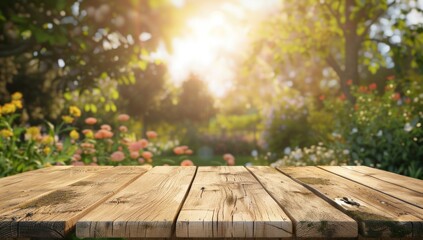 Fototapeta premium A wooden table with a view of a garden. The table is empty and the garden is full of flowers