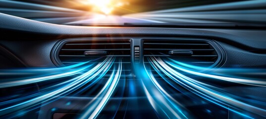 Close up of black plastic car air conditioning vent emitting blue air streams in illuminated setting