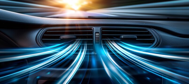 Close up of black plastic car air conditioning vent emitting blue air streams in illuminated setting