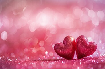 Fototapeta premium Pink background with two red hearts, valentine's day theme, love concept, copy space on the right side, pink glitter and bokeh effect in front of it