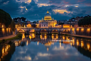 Fototapeta premium Vatican City Night Panorama: St. Peter's Basilica Reflection