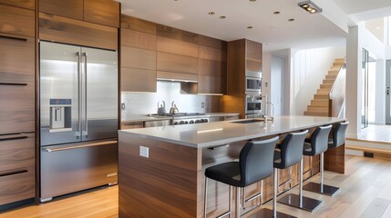 A modern kitchen interior showcases sleek cabinetry, stainless steel appliances, and a minimalist design that emphasizes functionality and elegance. 