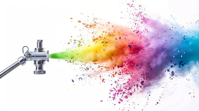 This is a professional airbrush paint tool with colorful rainbow spray holi powder cloud explosion isolated on white. It's used in industry art and scale model modelling.