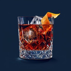 A sophisticated negroni with an orange peel twist, served in a crystal glass with a large ice cube on a solid navy blue background.