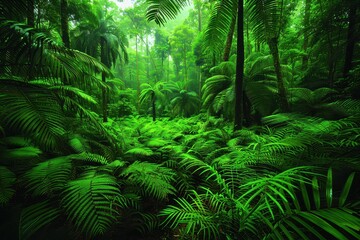 Fototapeta premium A dense rainforest with a diverse range of flora and fauna, showing the richness of biodiverse habitats. 