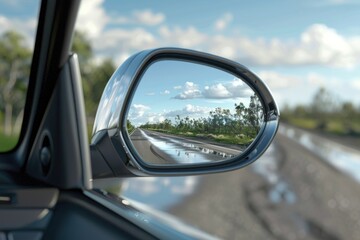 Sideview mirror of a car on the roadside, suitable for use in images of traffic scenes, urban environments or travel photography