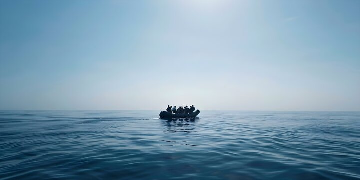 African migrants seeking refuge on a rubber boat in the sea. Concept Refugee Crisis, African migrants, Humanitarian Assistance, International Migration, Human Rights