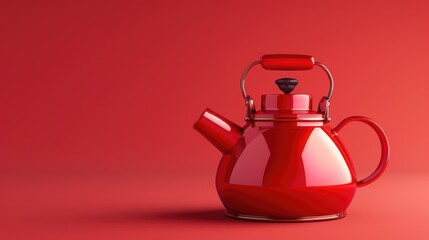A classic teapot with a handle sitting on a bright red background