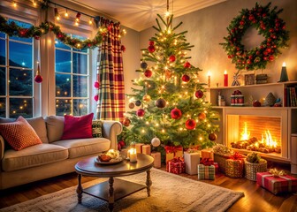 A Cozy Living Room With A Decorated Christmas Tree, Presents Under The Tree, A Fireplace, And A Sofa.