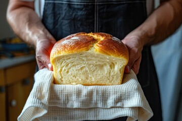A person grasping a loaf of bread, possibly for baking or meal preparation