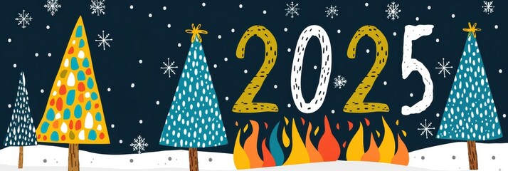 A colorful banner depicting the year 2025 with a roaring bonfire in the foreground and three stylized Christmas trees on either side