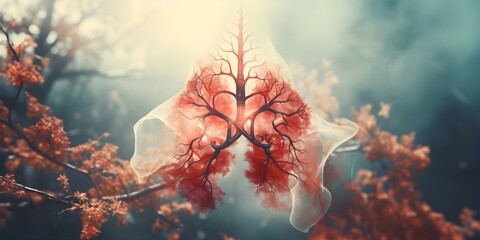 Image showing lung with fluid obstruction illustrating pulmonary edema and breathing difficulty. Concept Respiratory system, Pulmonary edema, Obstruction, Breathing difficulty, Lungs