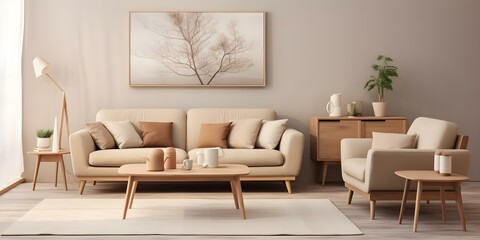 Earth-Toned Contemporary Living Room Decor Featuring Fabric Sofa and TV. Concept Living Room Decor, Earth Tones, Contemporary Design, Fabric Sofa, TV Stand
