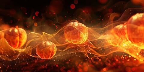 Floating pumpkins with sparkling lights on a dark background, creating a magical and mystical autumn atmosphere.