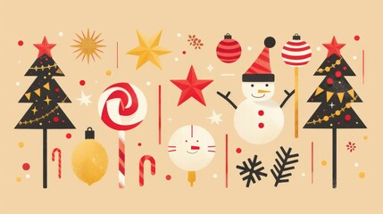 Fototapeta premium Festive Holiday Illustration With Snowman and Christmas Trees
