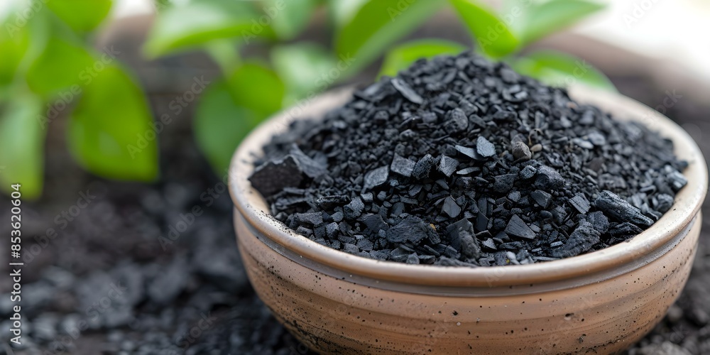 Poster using a biochar heap in the garden to enhance soil carbon and agricultural productivity. concept bio