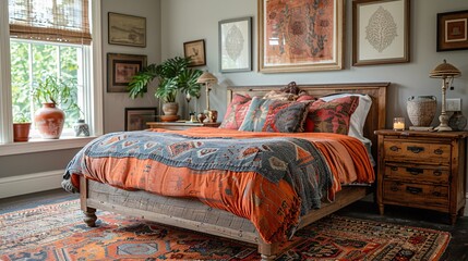 Bohemian bedroom with rustic wooden bed, colorful textiles, and large window.