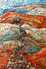 Obraz premium A mosaic of broken pottery pieces forming a cohesive landscape scene