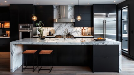 A modern kitchen with matte black cabinetry and a marble island, accented with stainless steel fixtures. 
