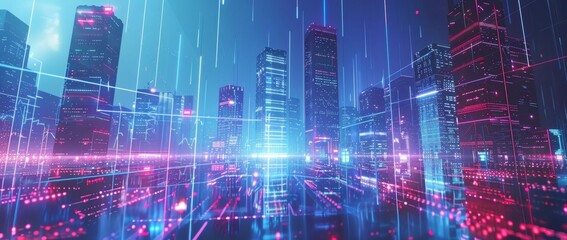 Obraz premium Explore a mesmerizing vision of the future with this holographic cityscape, where digital business hubs thrive in a vibrant