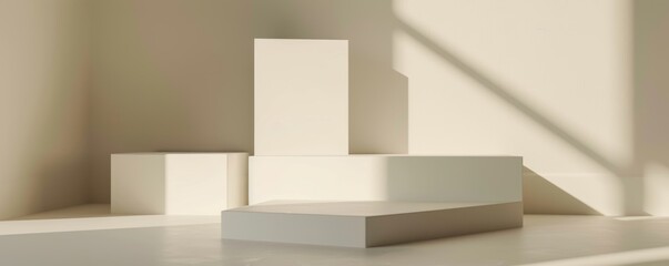 Minimalistic beige display podiums with sunlight casting shadows, ideal for product presentation and modern interior design inspiration.