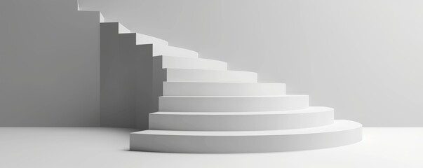 Minimalist white stairway in a modern architectural design, showcasing simplicity, elegance, and clean lines in an abstract, futuristic setting.