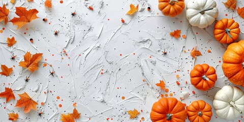 Autumn pumpkins and leaves arranged on a rustic wooden surface, creating a warm and festive fall scene.