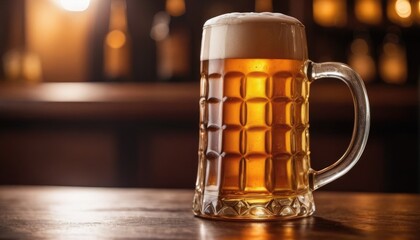 A perfect pint of beer, its frothy top and golden hue illuminated by the soft glow of a pub's lighting, promising a satisfying and refreshing drink