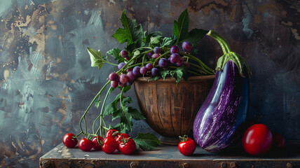  A decorative bowl filled with vibrant purple radishes and a glossy purple eggplant, arranged in a rustic kitchen. - Powered by Adobe