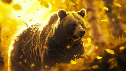 Serene Scene of a Bear Blending with Vibrant Golden Leaves in Autumn Forest






