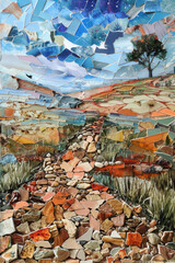 Obraz premium A mosaic of broken pottery pieces forming a cohesive landscape scene