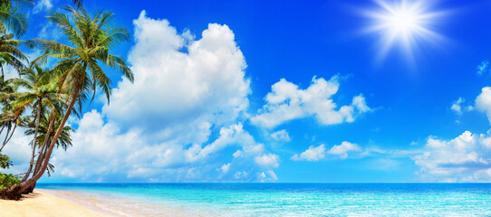 Sea beach panorama, tropical island panoramic landscape, turquoise ocean water, coconut palm tree leaves, sand blue sky sun white cloud, summer holiday, vacation, travel, Caribbean, Thailand, Maldives