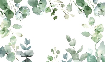 Herbal Eucalyptus Border: Isolated Background, Minimalist Watercolor Wedding Invitation Frame