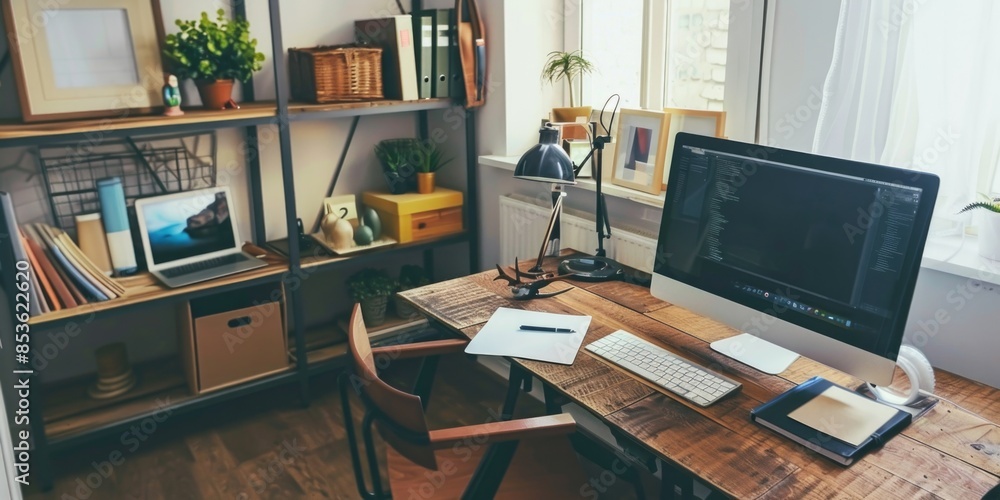 Poster a computer monitor sitting on a wooden desk, providing a workspace for tasks and projects