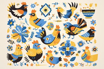 Obraz premium A symmetrical design with chicken motifs in the style of Scandinavian folk art on a cream background.