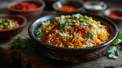 Delicious Chicken Biryani in Bowl On Blurry Background