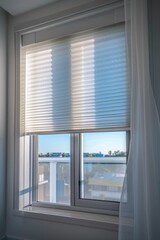 Fototapeta premium A window with a white curtain offers a view of a calm body of water