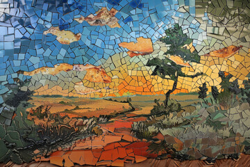 Naklejka premium A mosaic of broken pottery pieces forming a cohesive landscape scene