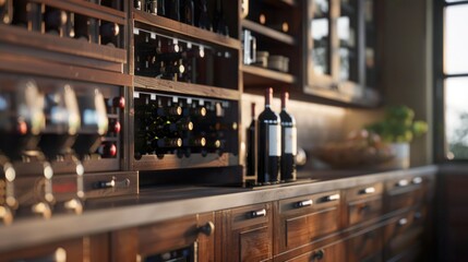 A collection of wine bottles sits atop a wooden counter, great for food and drink themed images or as a decorative element