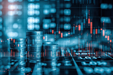 Fototapeta premium Close up stack of coins with trade graph stock market.