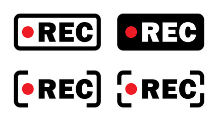 Vector illustration of four REC icons with a red dot, ideal for recording and media design purposes.