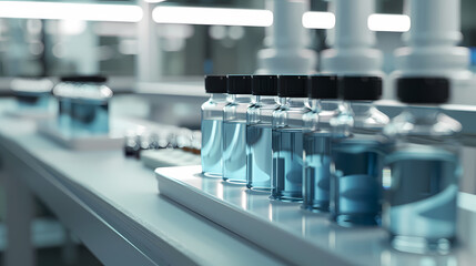 A row of medicine bottles filled with blue liquid in an advanced production workshop