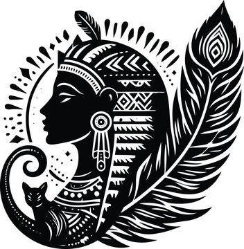 recommend clip art: sphinx in silhouete with bohemian nature pattern illustration