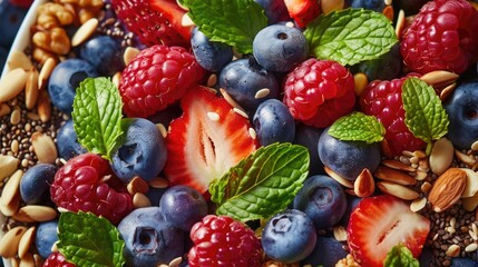 Obraz premium A bowl filled with various fruits and nuts, ideal for a snack or as a still life photography subject