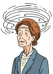 Cartoon style illustration of an elderly woman's face, circles above her head. concept of mental confusion, mental disorder of the elderly, social issues