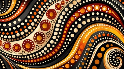 Abstract aboriginal Australian tribal pattern featuring wavy lines and dotted circular motifs in vibrant orange, black, and yellow hues..