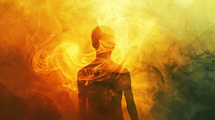 Silhouette of a person surrounded by abstract swirls of yellow light World Mental Health Day