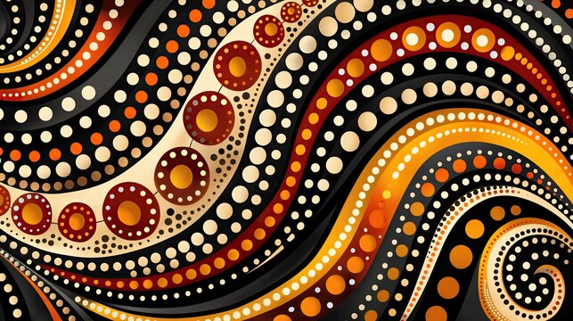 Abstract aboriginal Australian tribal pattern featuring wavy lines and dotted circular motifs in vibrant orange, black, and yellow hues..